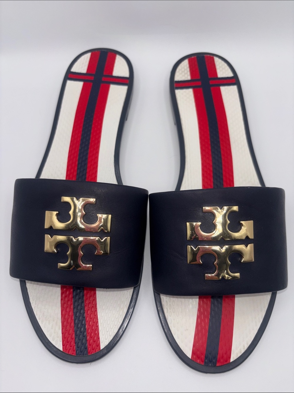 Tory Burch Blue Leather & Red White & Blue Logo Slide Sandals